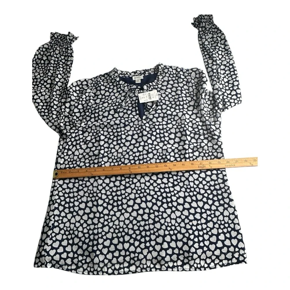 J.CREW Womens Size M White Navy Blue Pintuck Heart Print Popover‎ Blouse Top